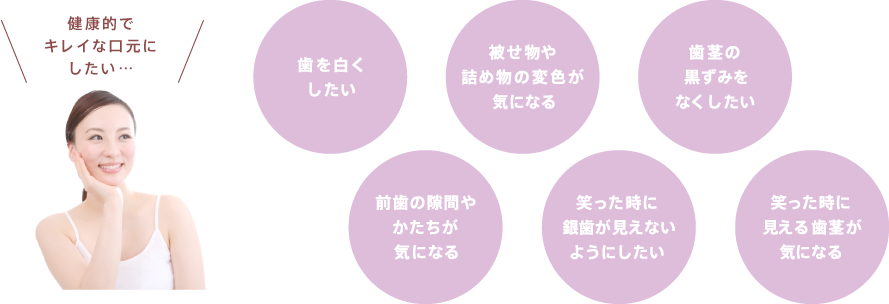 健康的でキレイに…「歯を白くしたい」「被せ物や詰め物の変色が気になる」「歯茎の黒ずみをなくしたい」「前歯の隙間やかたちが気になる」「笑った時に銀歯が見えないようにしたい」「笑った時に見える歯茎が気になる」